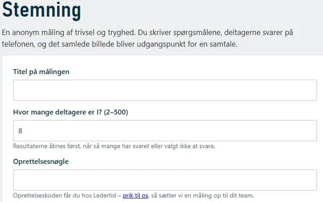 Sk&aelig;rmbillede af Stemning: den tomme formular til at oprette en anonym trivselsm&aring;ling.