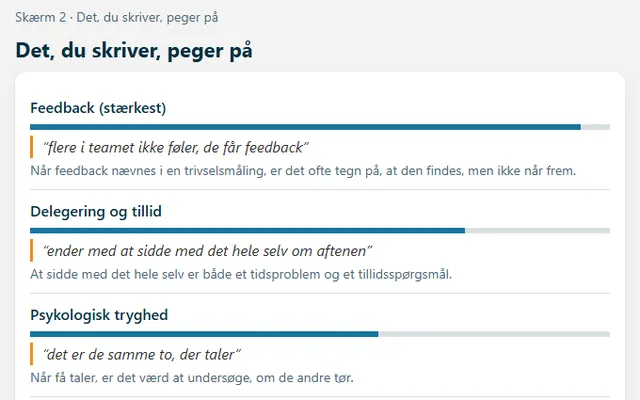 Sk&aelig;rmbillede af Udsigt: et udfyldt eksempel, hvor fire fokusomr&aring;der fra en leders egen beskrivelse vises med citater.